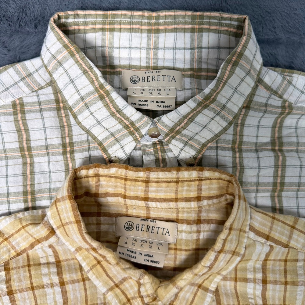 Beretta Plaid Button Down Shirt Mens L Yellow Green 100% Cotton Field Lot of 2